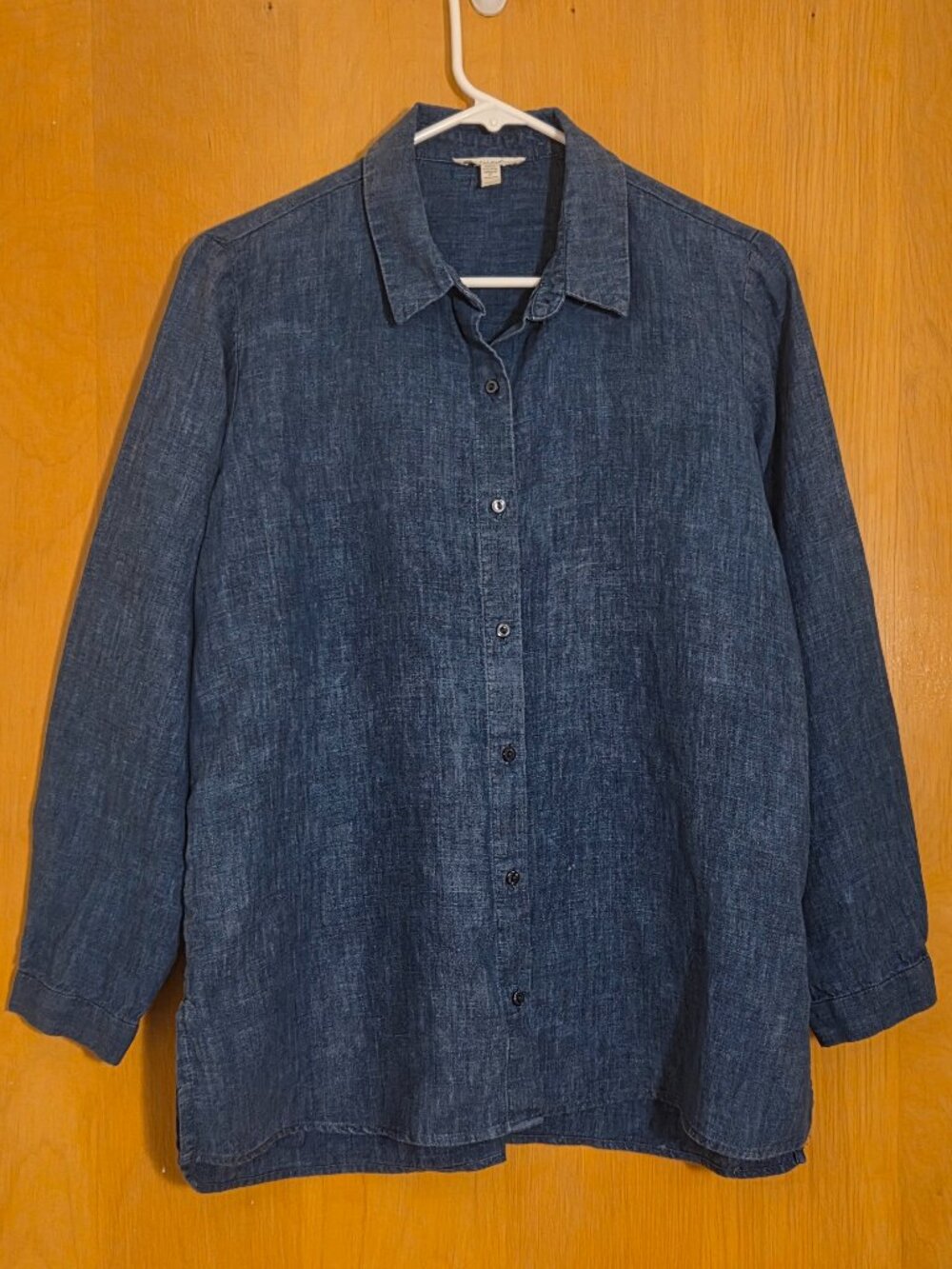 Eileen Fisher Petite Size PM Button Up Shirt 100% Organic Linen Blue Minimalist
